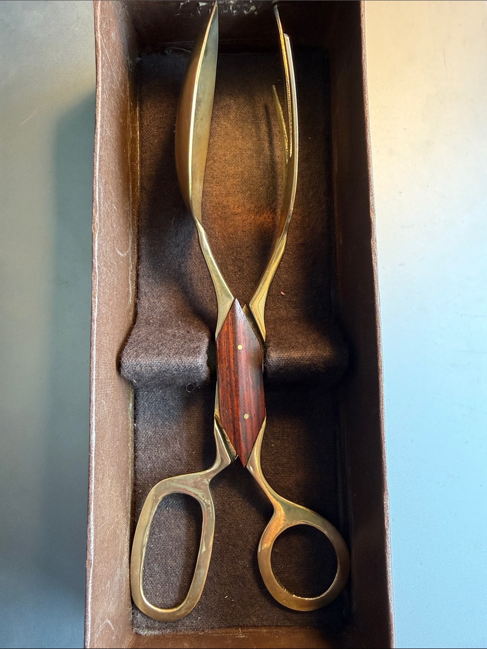 Vintage MCM Bronze Salad Tongs Wood Inlay Danish Modern